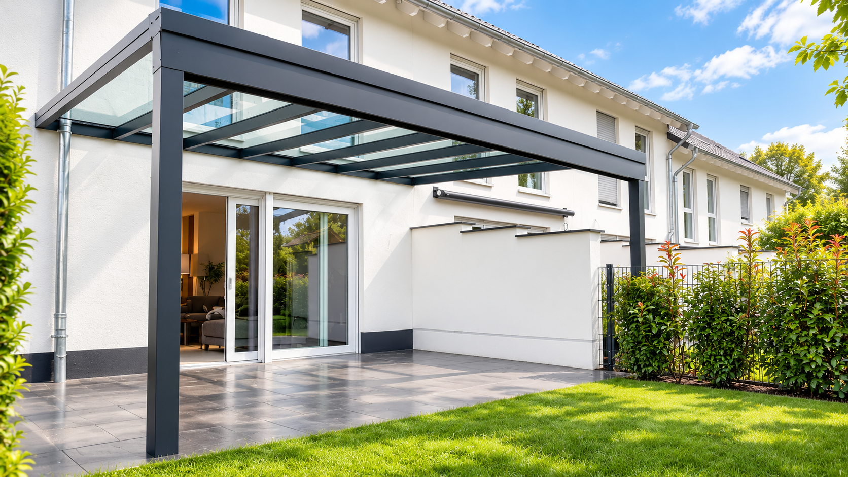 Moderne Terrassenüberdachung an einem Wohnhaus