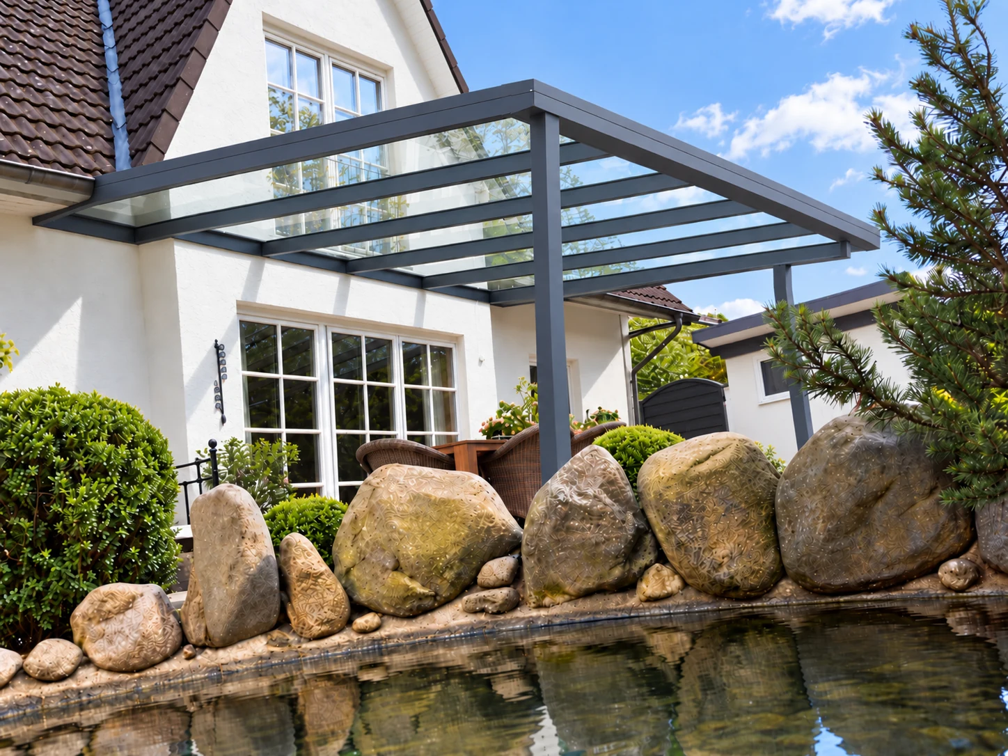 Aluminium-Terrassendach mit Glasdach und Garten